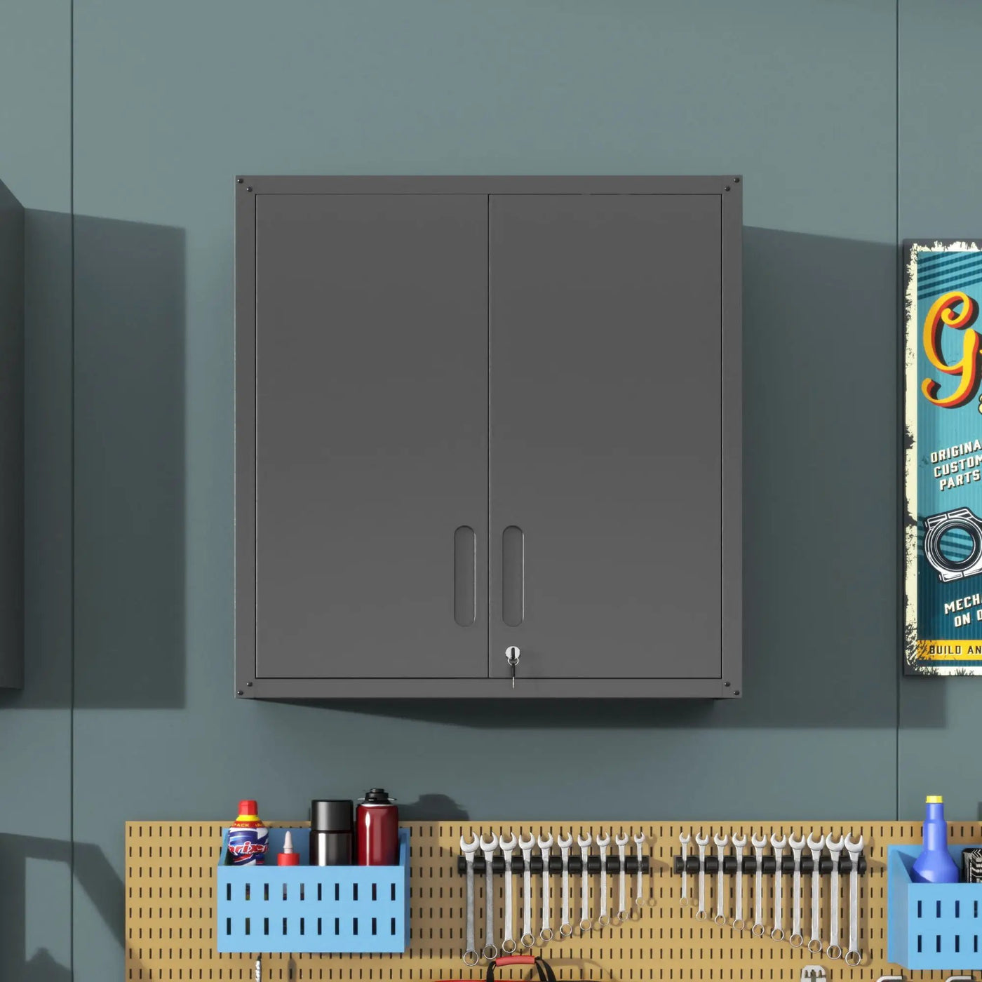 Metal Wall Mounted Tool Storage Cabinet With 2 Locking Doors, Adjustable Shelf, And Drawer by HouseOfZazla