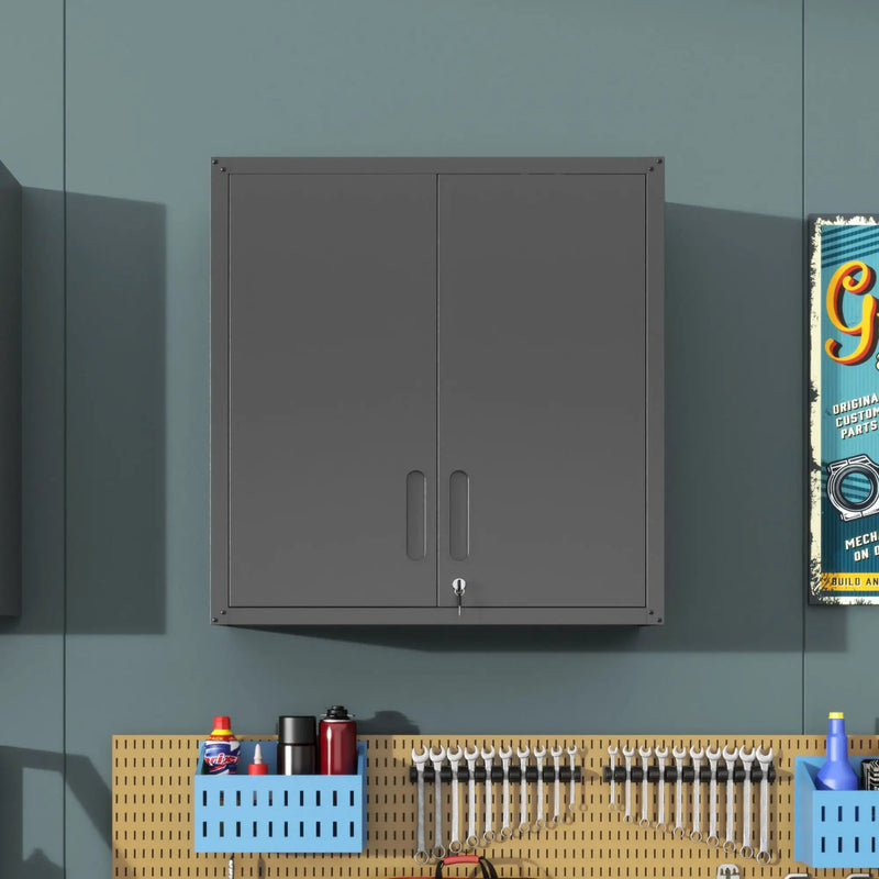 Metal Wall Mounted Tool Storage Cabinet With 2 Locking Doors, Adjustable Shelf, And Drawer by HouseOfZazla