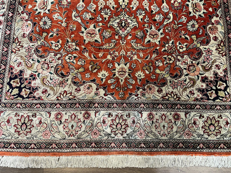 Persian Qum Silk Rug 5x7 - Floral Medallion, Birds, Orange-Red by Jewel Rugs