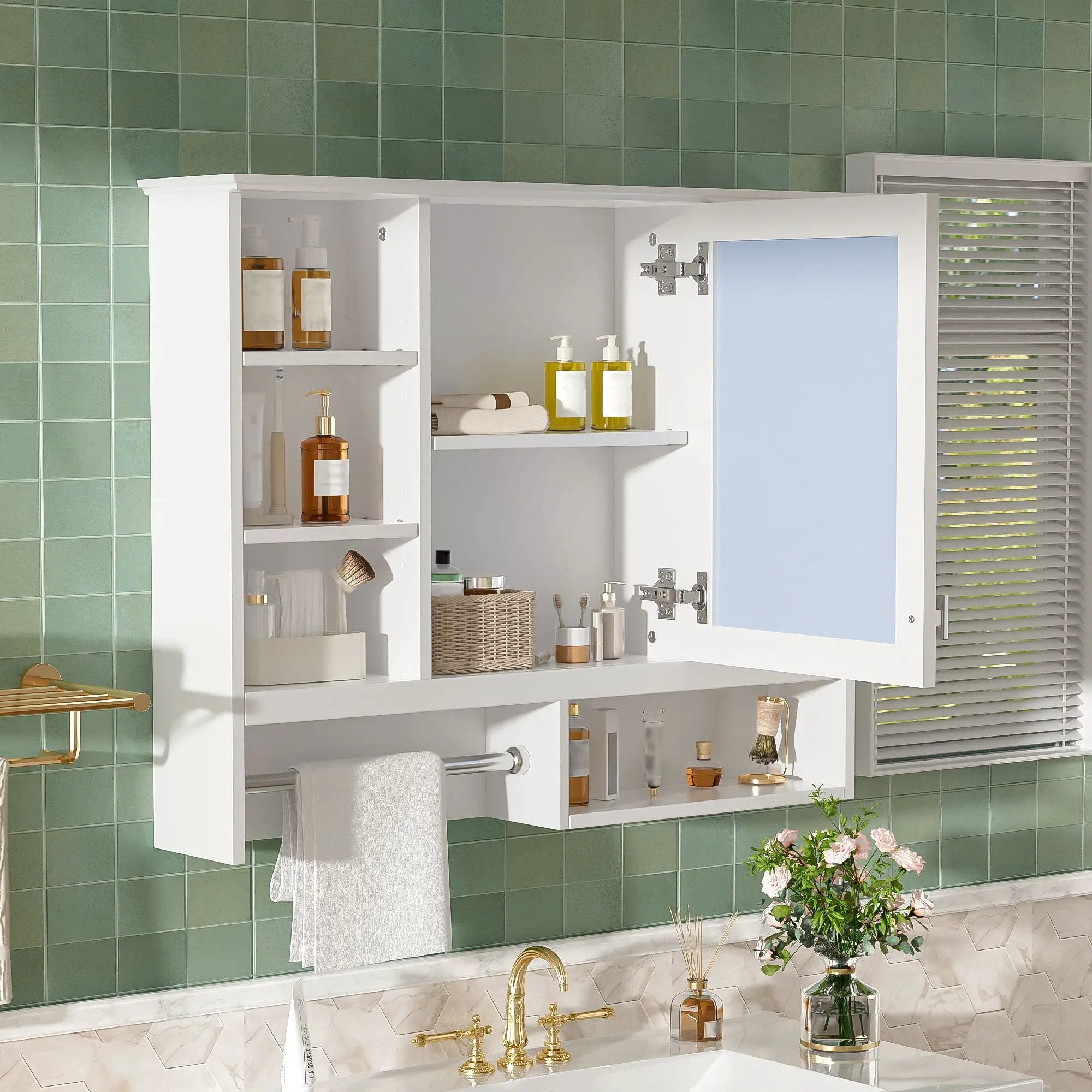 Wall Mount 2 In 1 Mirror Cabinet With Adjustable Shelves, Open Storage, For Bathroom Vanity - White by Unique Piece Furniture