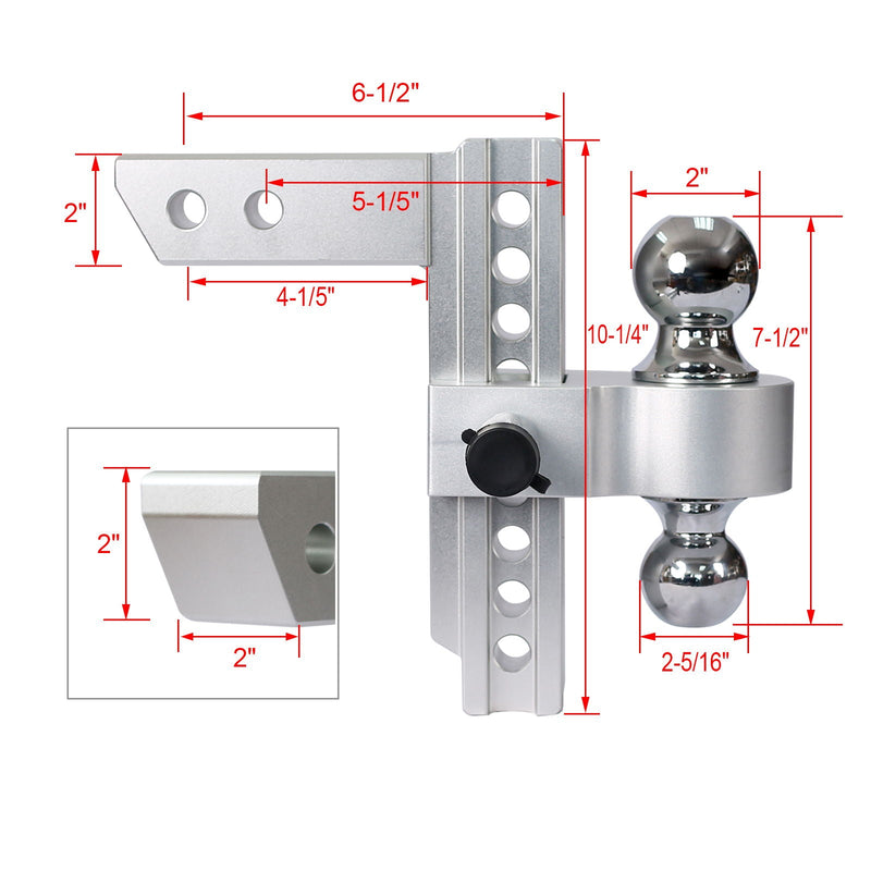 Alu - Adjustable Trailer Drop Hitch 2" Receiver 8" Adjustable - Silver by HouseOfZazla