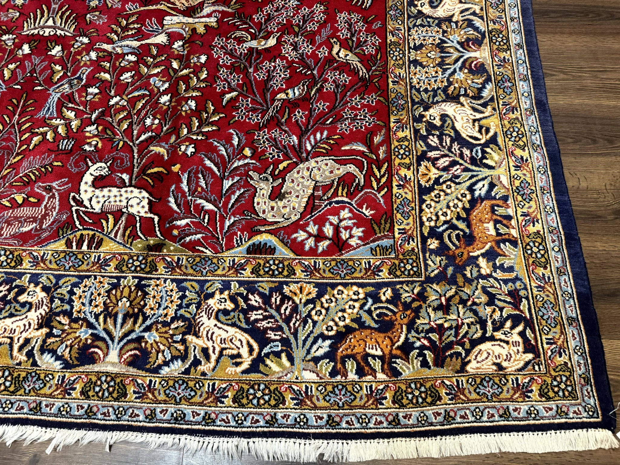 Persian Qum Rug 9x12, Animal Pictorials, Deer Birds, Tree of Life, Red and Navy Blue by Jewel Rugs