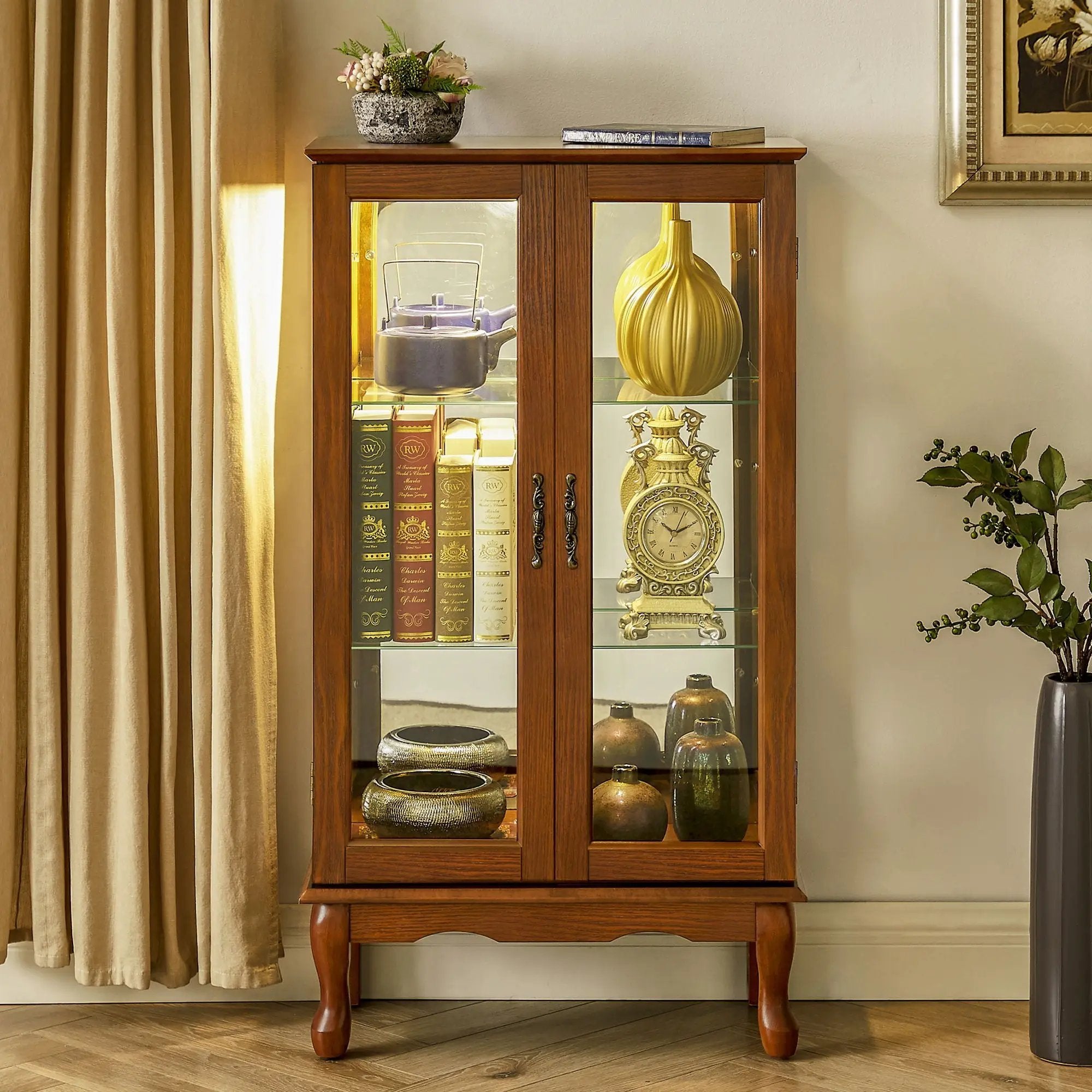 Curio Cabinet Lighted Curio Diapaly Cabinet With Adjustable Shelves And Mirrored Back Panel, Tempered Glass Doors (3 Tier), (E26 Light Bulb Not Included) by HouseOfZazla