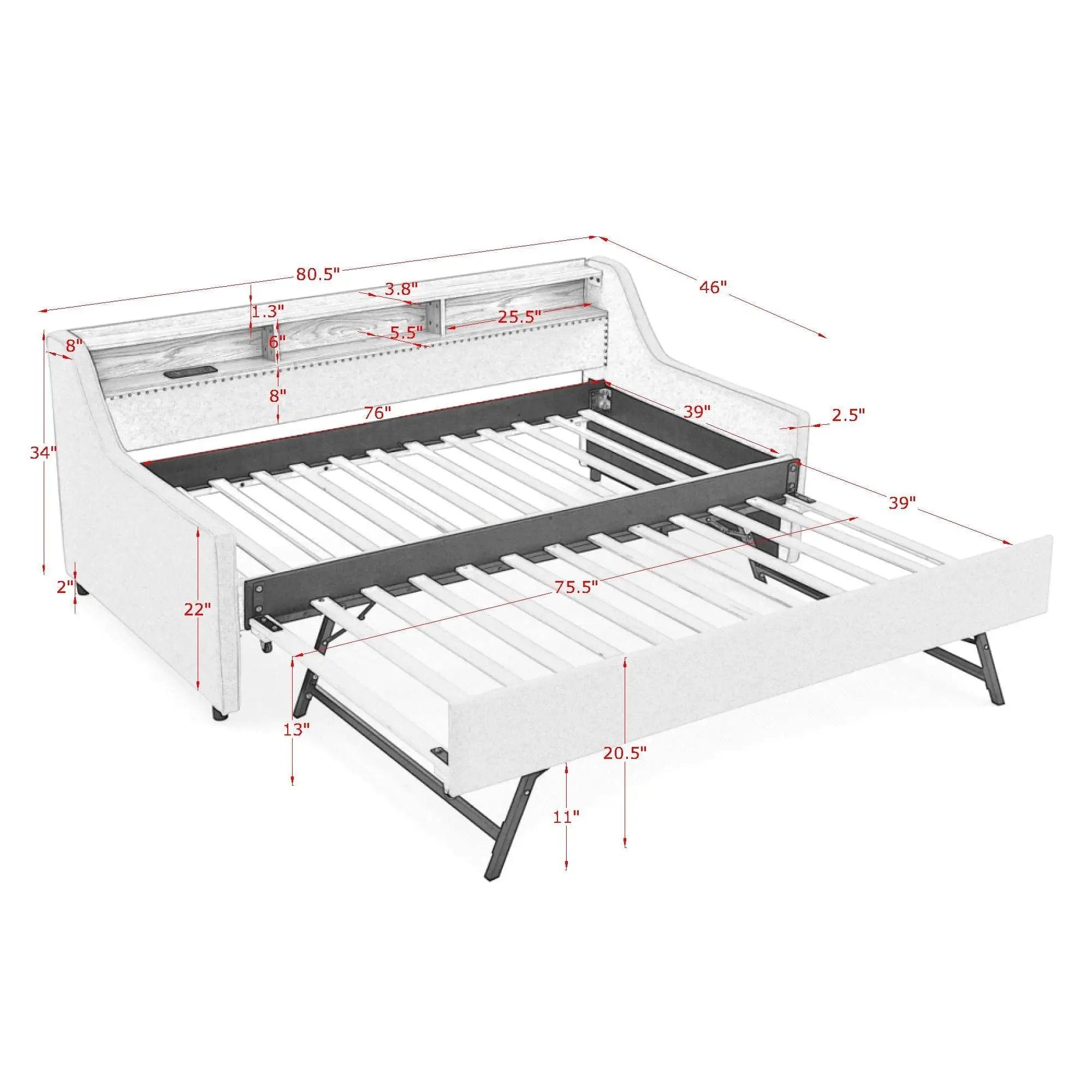 Upholstered Sofa Bed With LED Lights, Storage Headboard, Foldable Trundle & Wireless Charging by Unique Piece Furniture