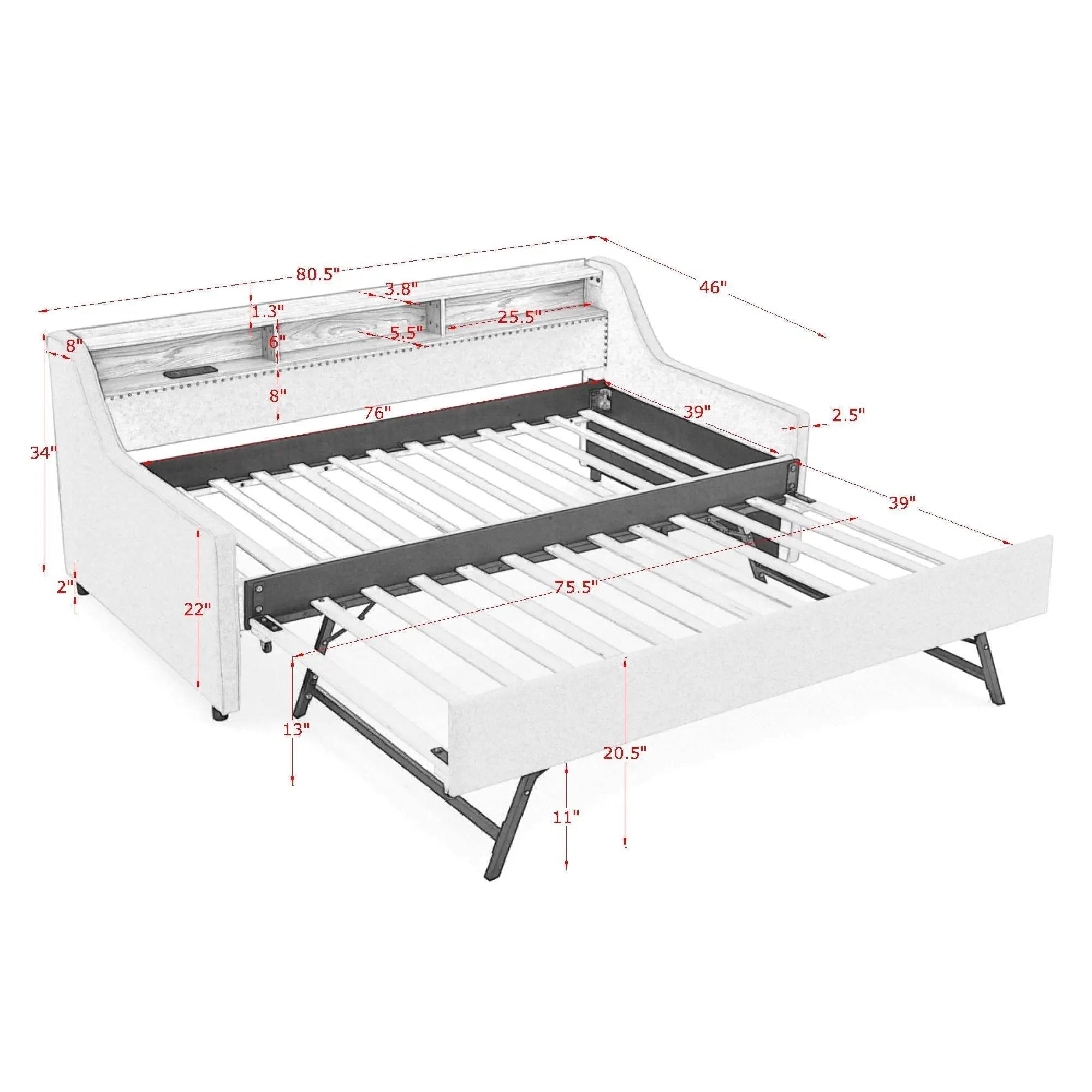 Upholstered Sofa Bed With LED Lights, Storage Headboard, Foldable Trundle & Wireless Charging by Unique Piece Furniture