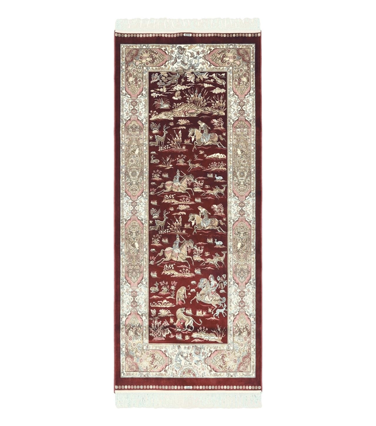 Turkish Silk Rug 2.6 x 6.7, Hunting Design, Short Runner Rug, Red & Ivory, Bamboo Silk, New by Jewel Rugs