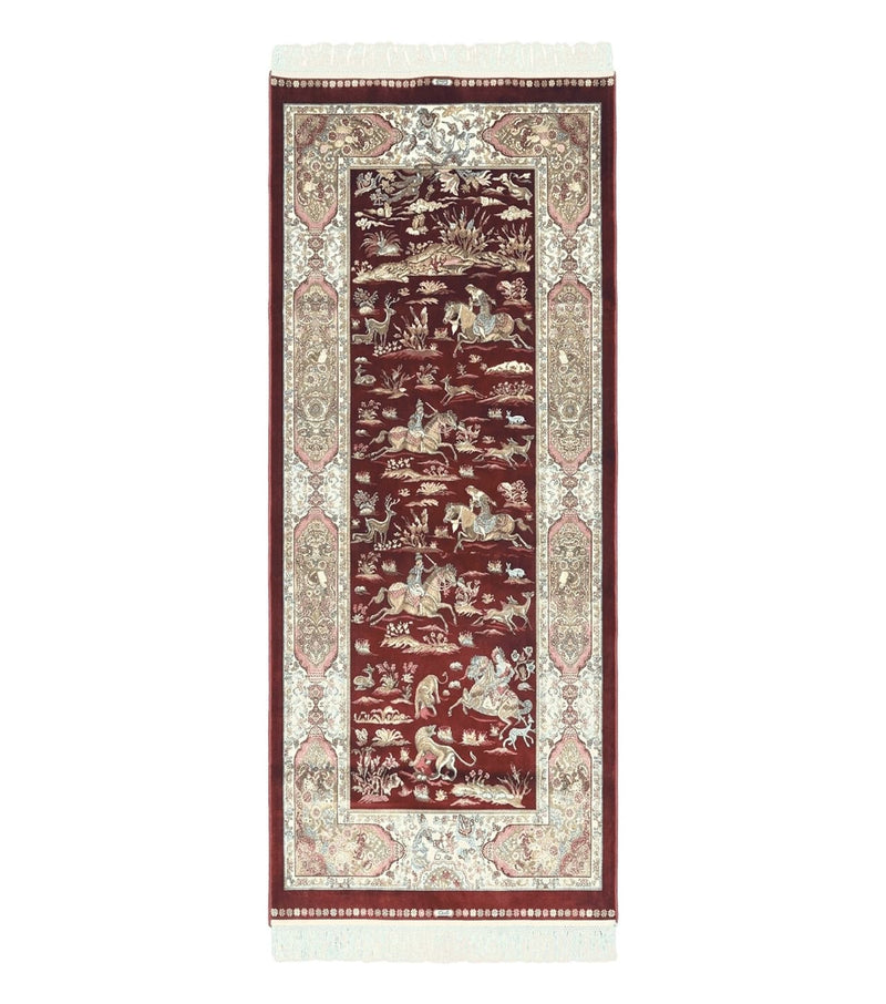 Turkish Silk Rug 2.6 x 6.7, Hunting Design, Short Runner Rug, Red & Ivory, Bamboo Silk, New by Jewel Rugs