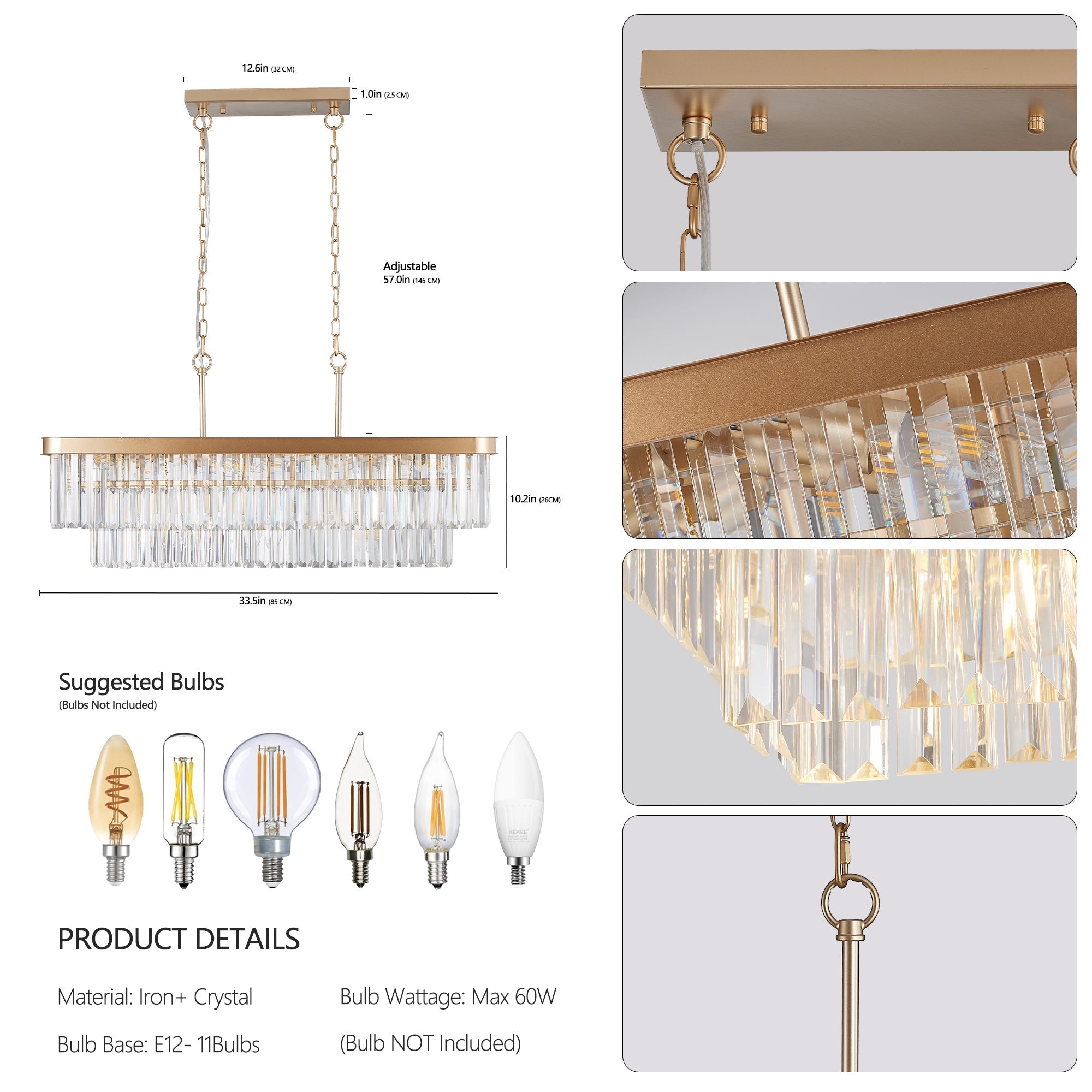 Rectangular Crystal Chandelier Adjustable Gold Iron Ceiling Light by HouseOfZazla