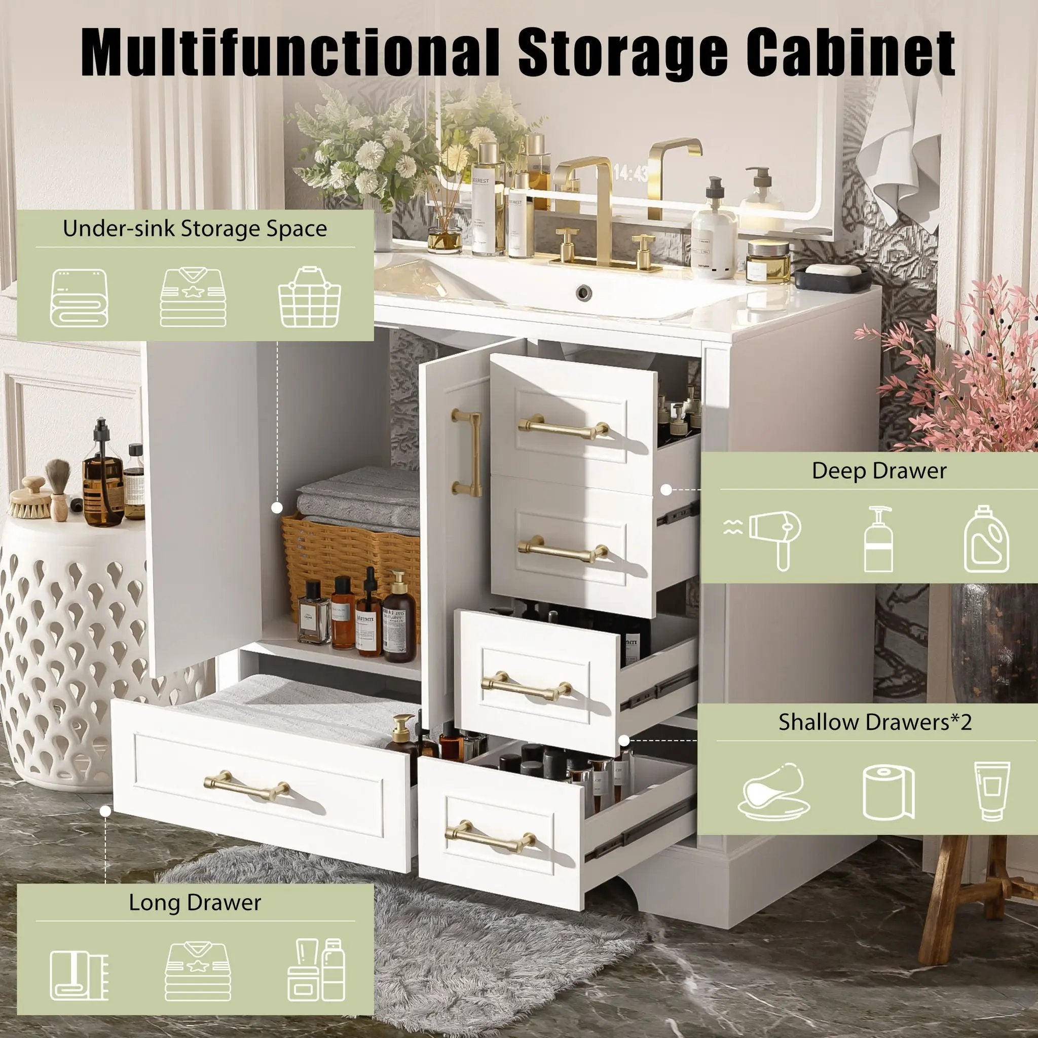 Traditional Bathroom Vanity With Soft Close Doors And Drawers