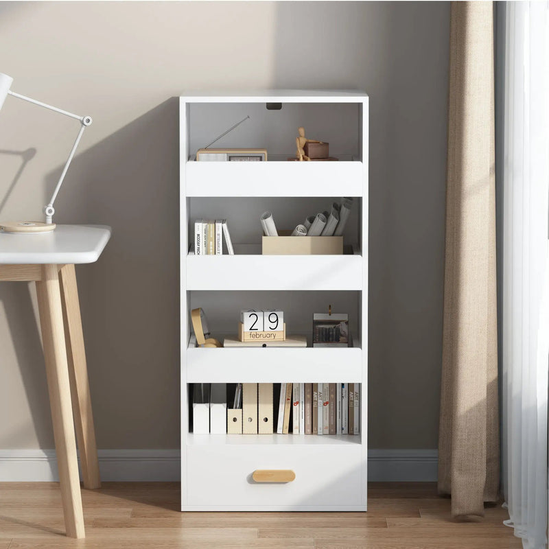 4 Tier Freestanding Bookshelf With 3 Sliding Drawers And 1 Bottom Drawer - White by Unique Piece Furniture
