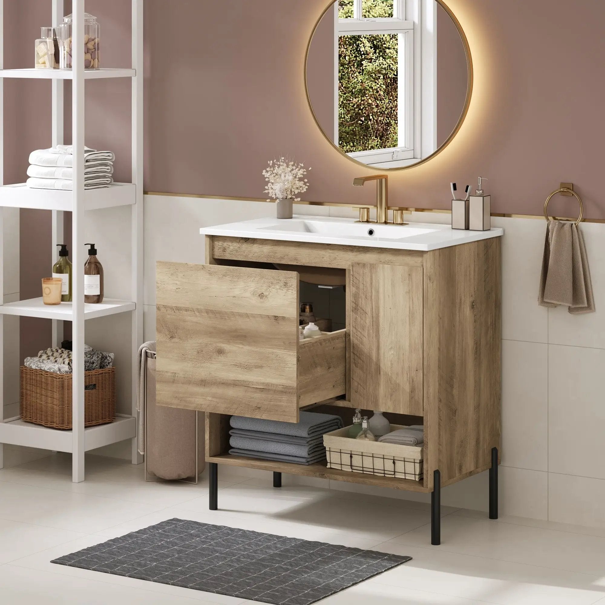 Bathroom Vanity Cabinet With Sink, Sliding Drawer, Soft Closing Door, Open Shelf - Natural Wood by Unique Piece Furniture