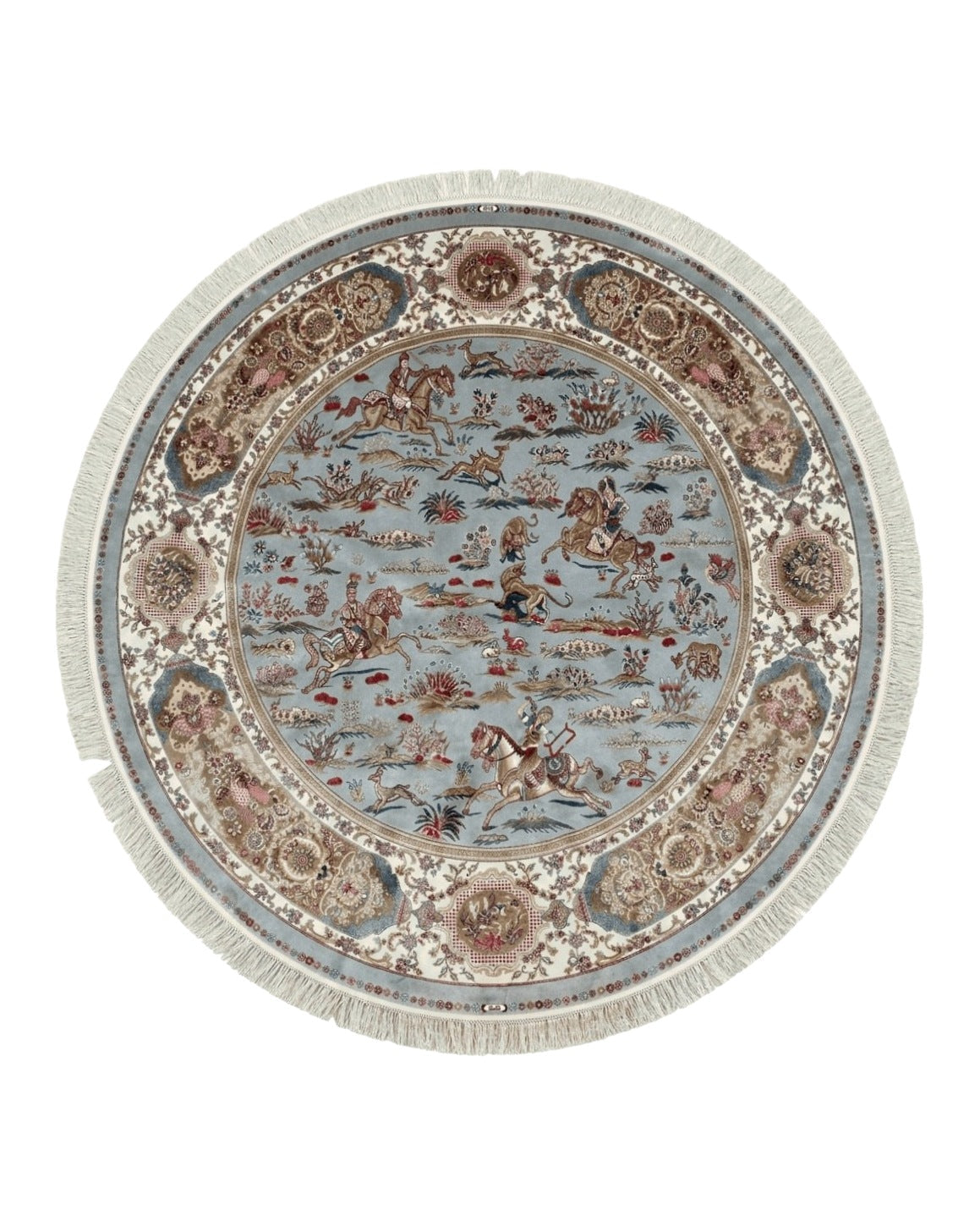 Round Silk Rug 6x6, Hunting Design, Bamboo Silk, Animal Pictorials by Jewel Rugs