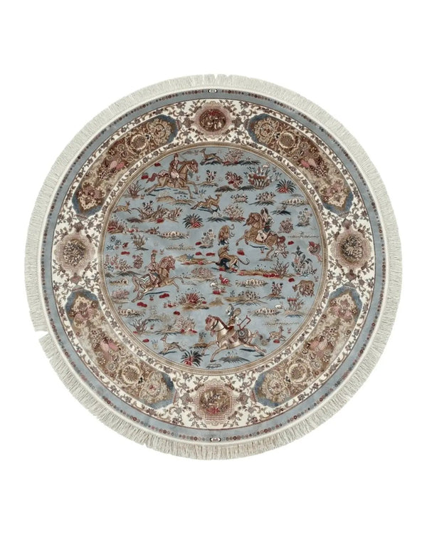Round Silk Rug 6x6, Hunting Design, Bamboo Silk, Animal Pictorials
