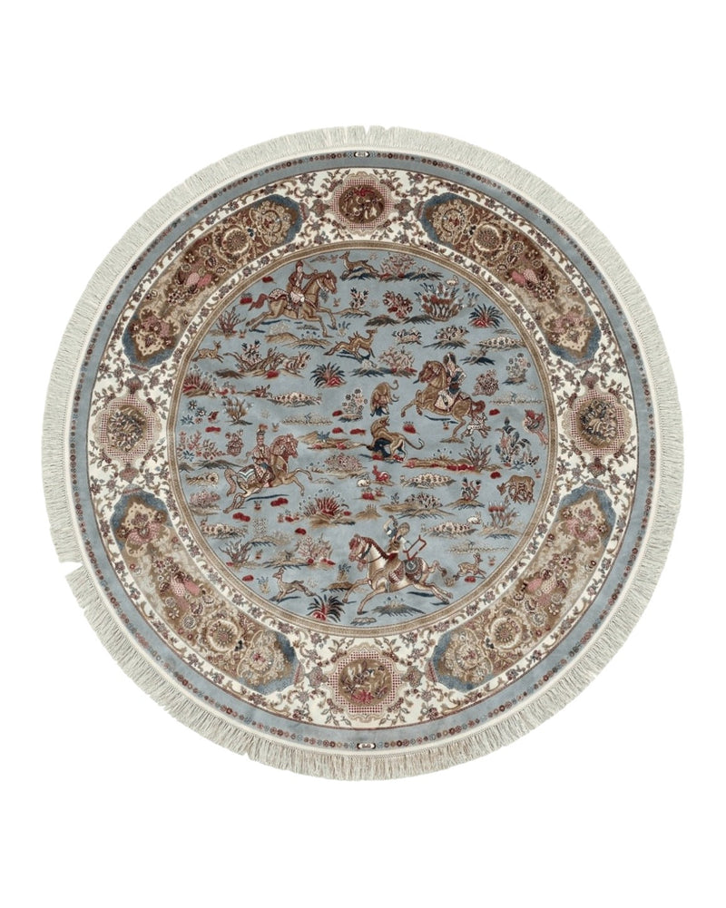 Round Silk Rug 6x6, Hunting Design, Bamboo Silk, Animal Pictorials by Jewel Rugs