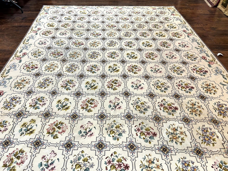 Needlepoint Rug 10x14, Wool Handmade Vintage Needlepoint Carpet, Floral Panel Design, Ivory/Cream by Jewel Rugs
