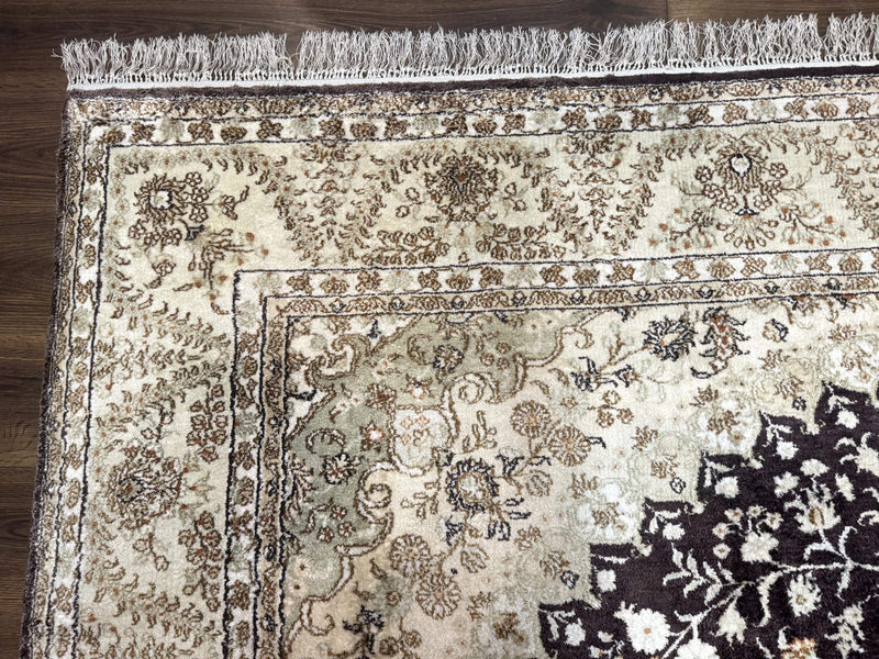 Indian Kashmiri Silk Rug 10x14, Floral Medallion by Jewel Rugs