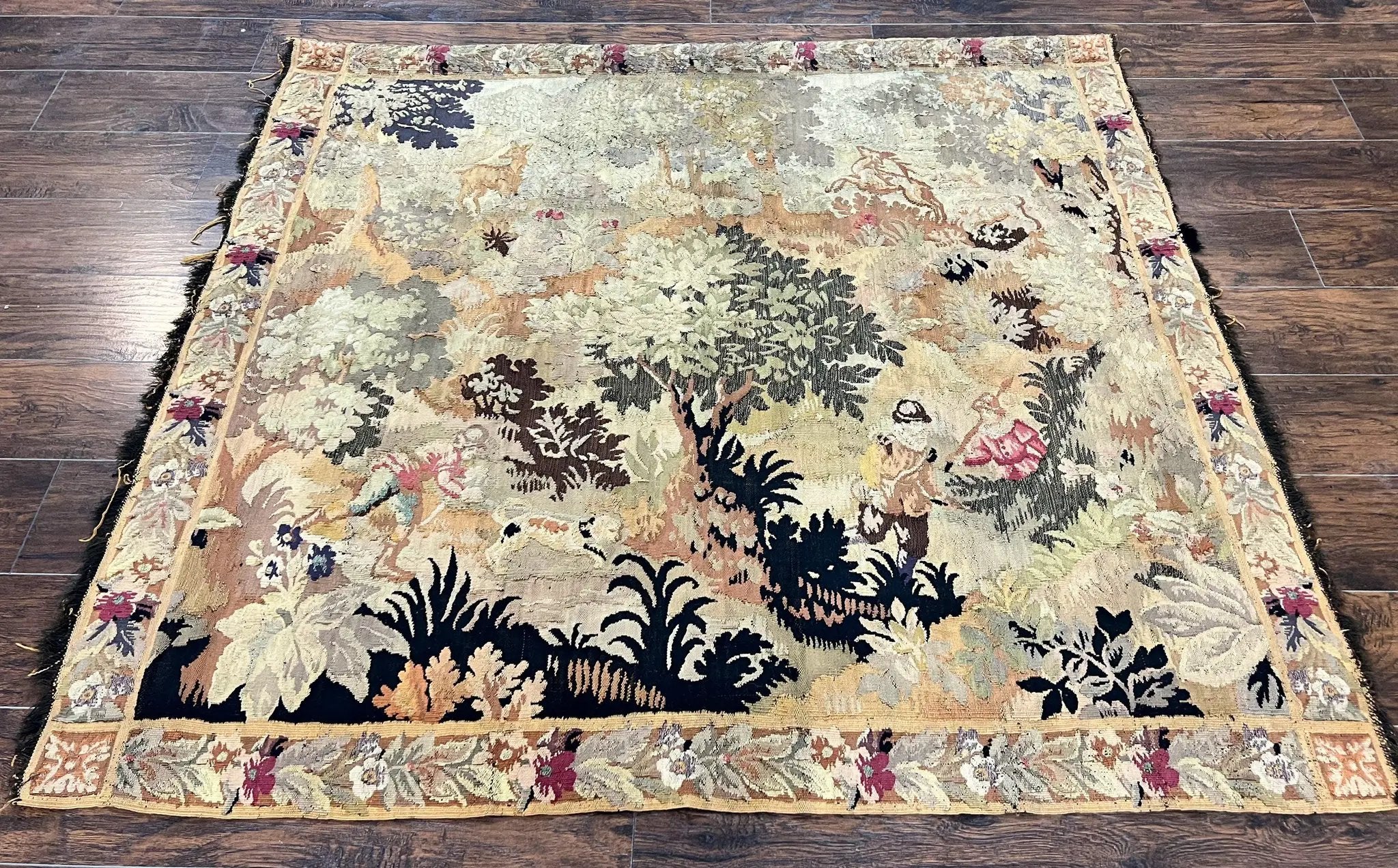 Antique French Tapestry 6x5 ft, European Handmade Wool Aubusson Weave Vintage Tapestry by Jewel Rugs