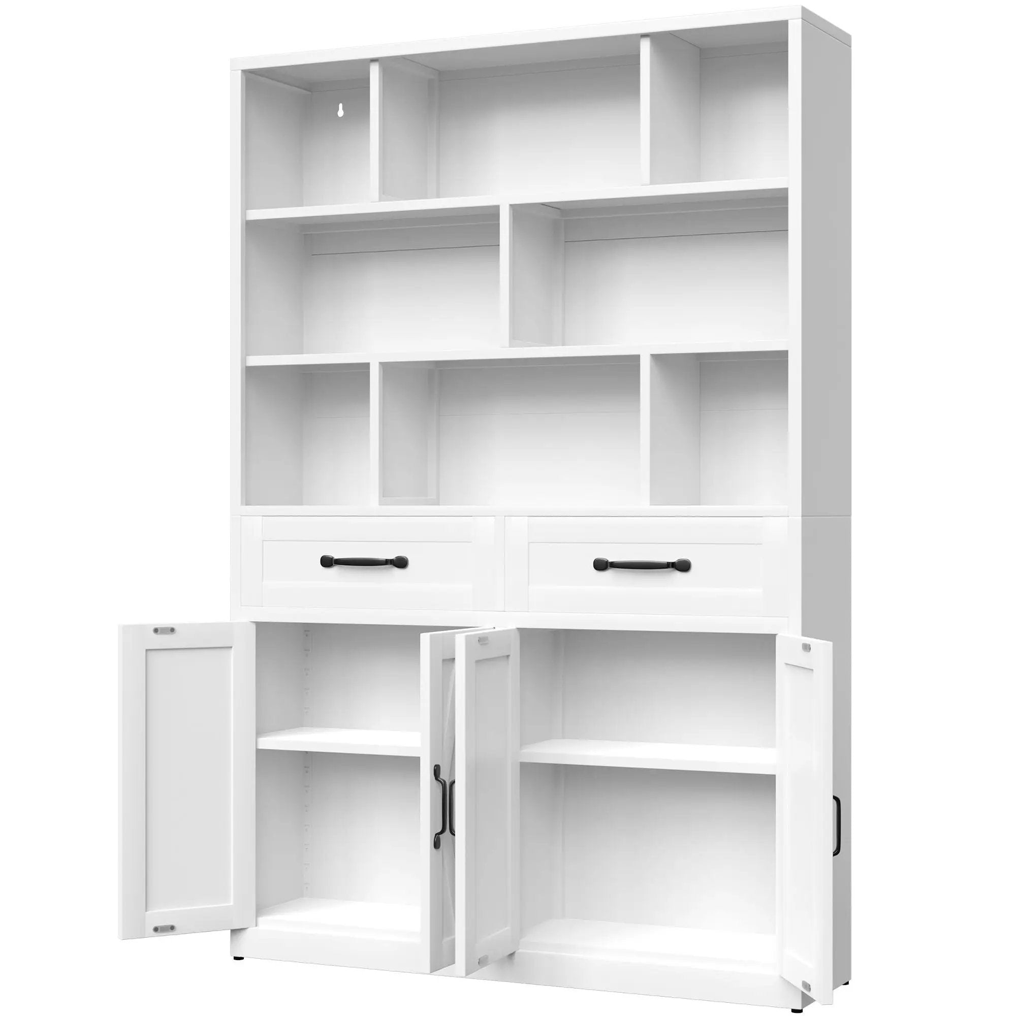 Bookcase Tall With 2 Doors & 2 Drawers, Fixed Open Shelves - White by HouseOfZazla