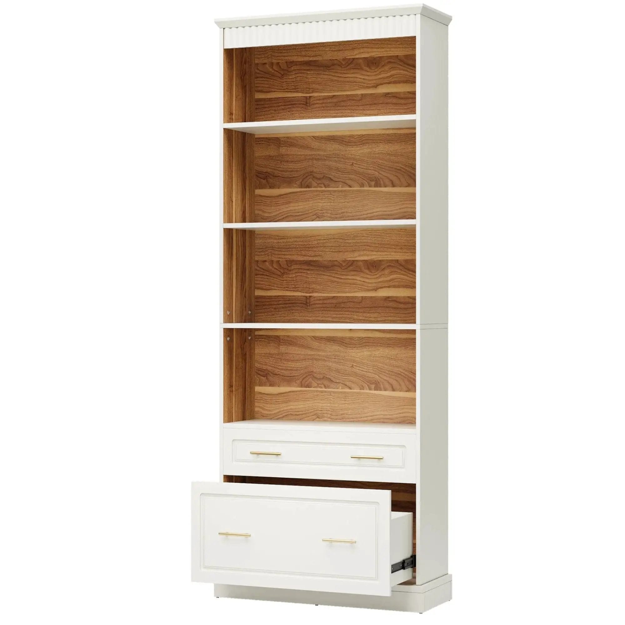 5 Tier White Bookcase With 2 Drawers Storage Organizer For Living Room - White by HouseOfZazla
