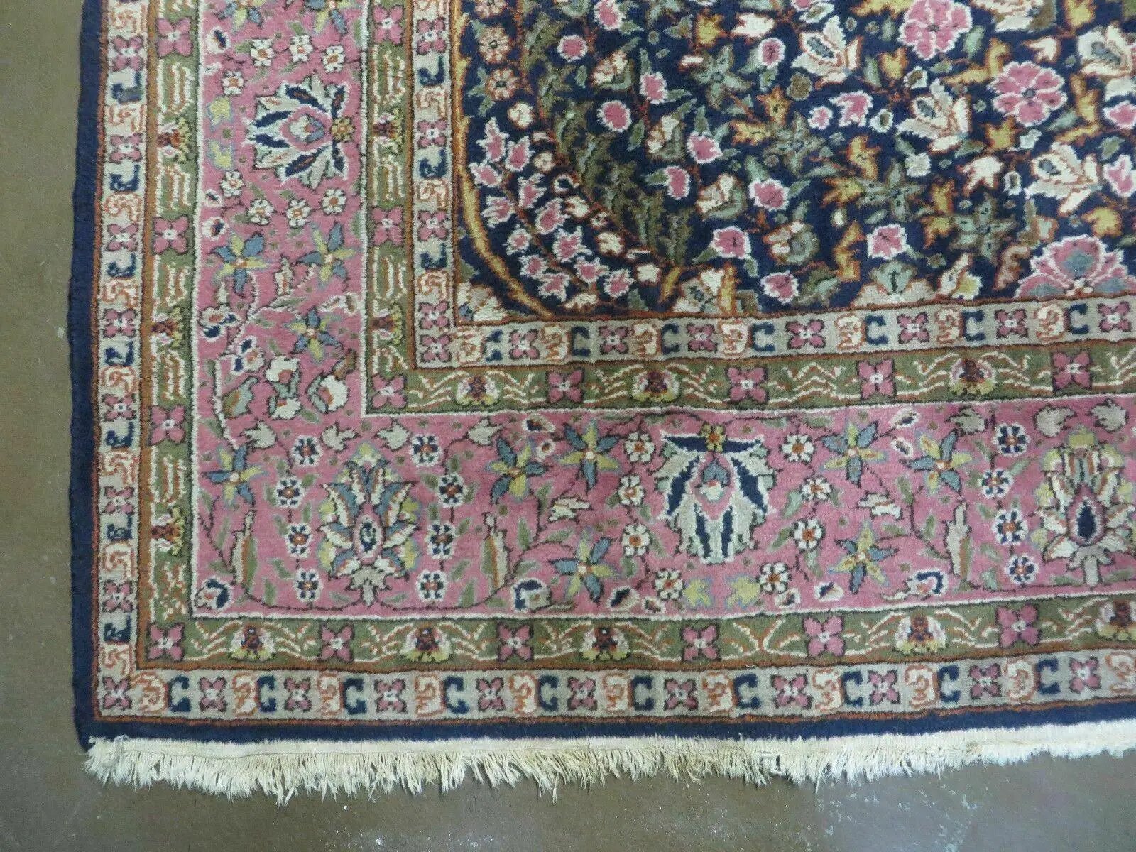 Turkish Sivas Rug 7x11, Navy Blue & Pink, Millifluer Floral Wool Carpet, Vintage by Jewel Rugs