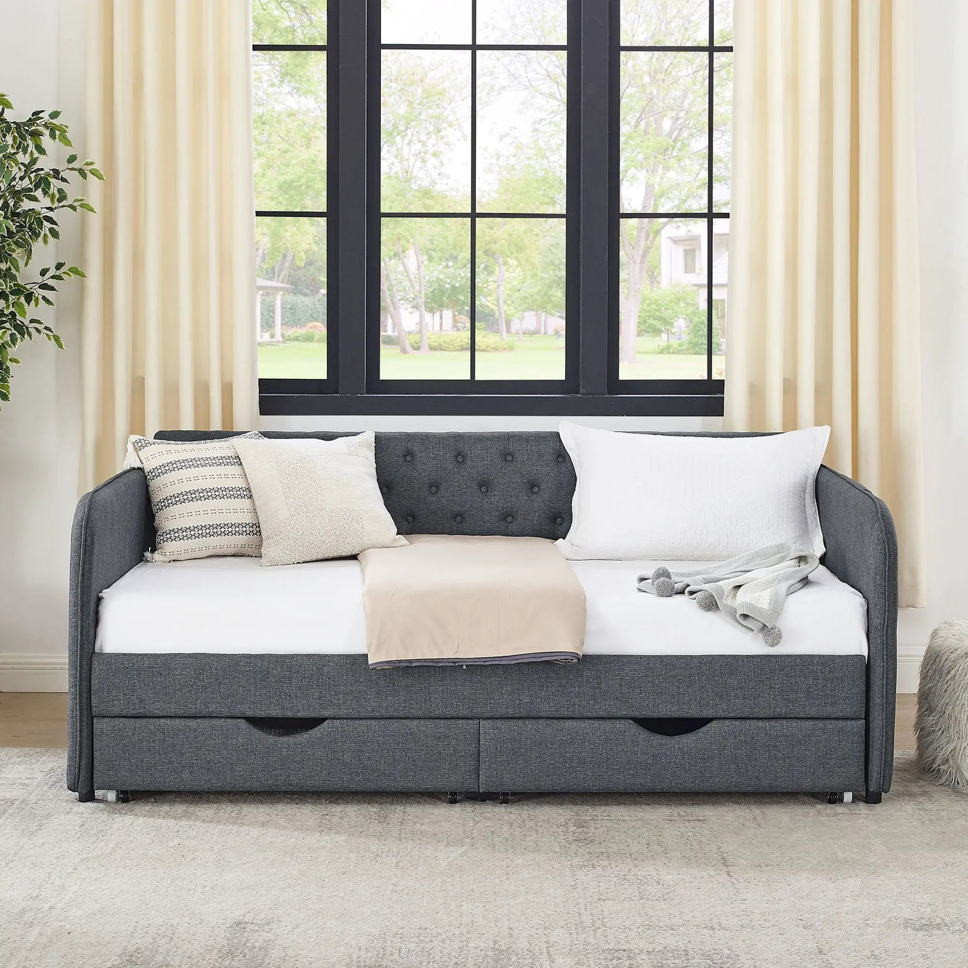 Daybed With Trundle And Storage Drawers, Flat Arms With Pocket by Unique Piece Furniture