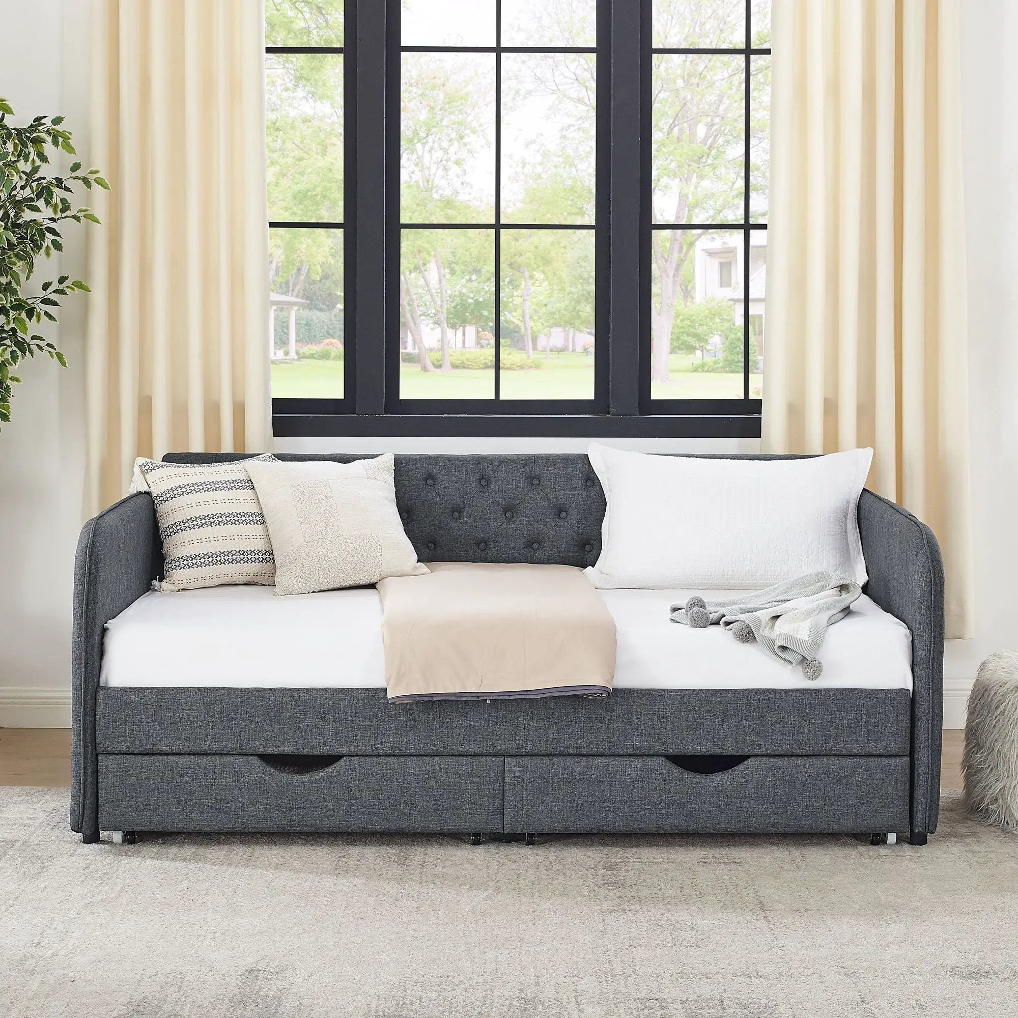 Daybed With Trundle And Storage Drawers, Flat Arms With Pocket by Unique Piece Furniture