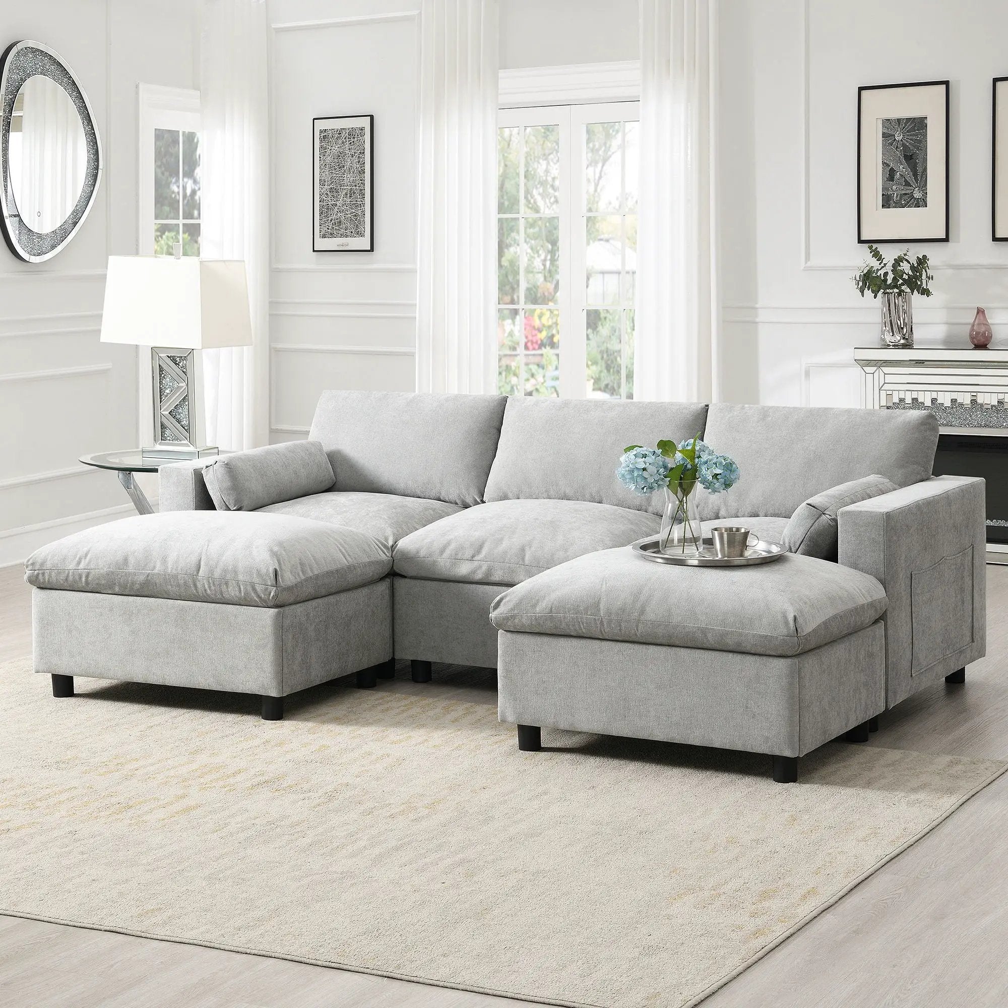 Modular Sectional With Storage Pockets, 5 Seat U Shaped Couch Set With Pillows, Free Combination Modern Cloud Sofa With 2 Movable Ottoman by HouseOfZazla