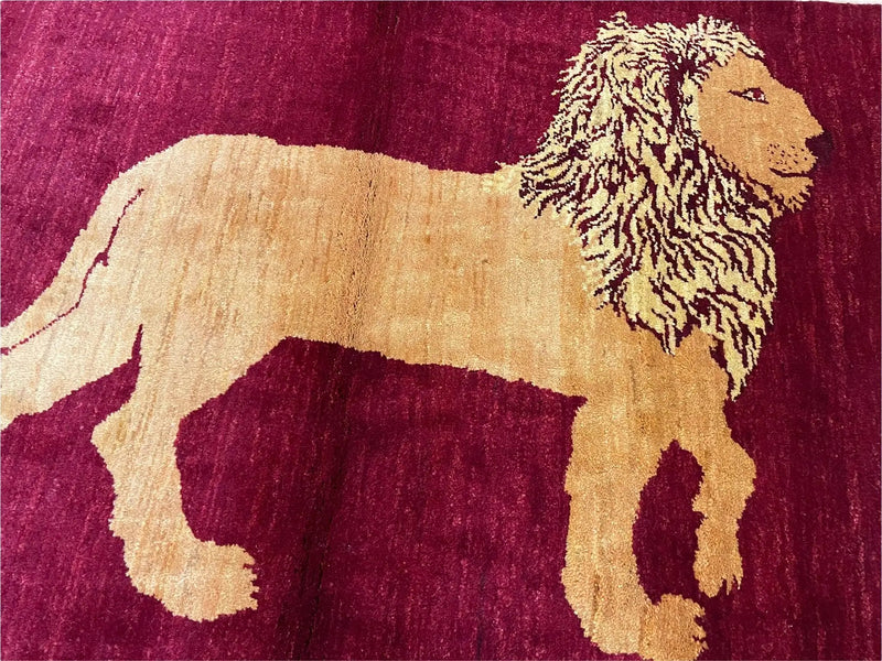 3.5 X 5 Handmade Rug Vintage New Rug Quality Wool Lion Red Veggy Dyes Pictorial by Jewel Rugs