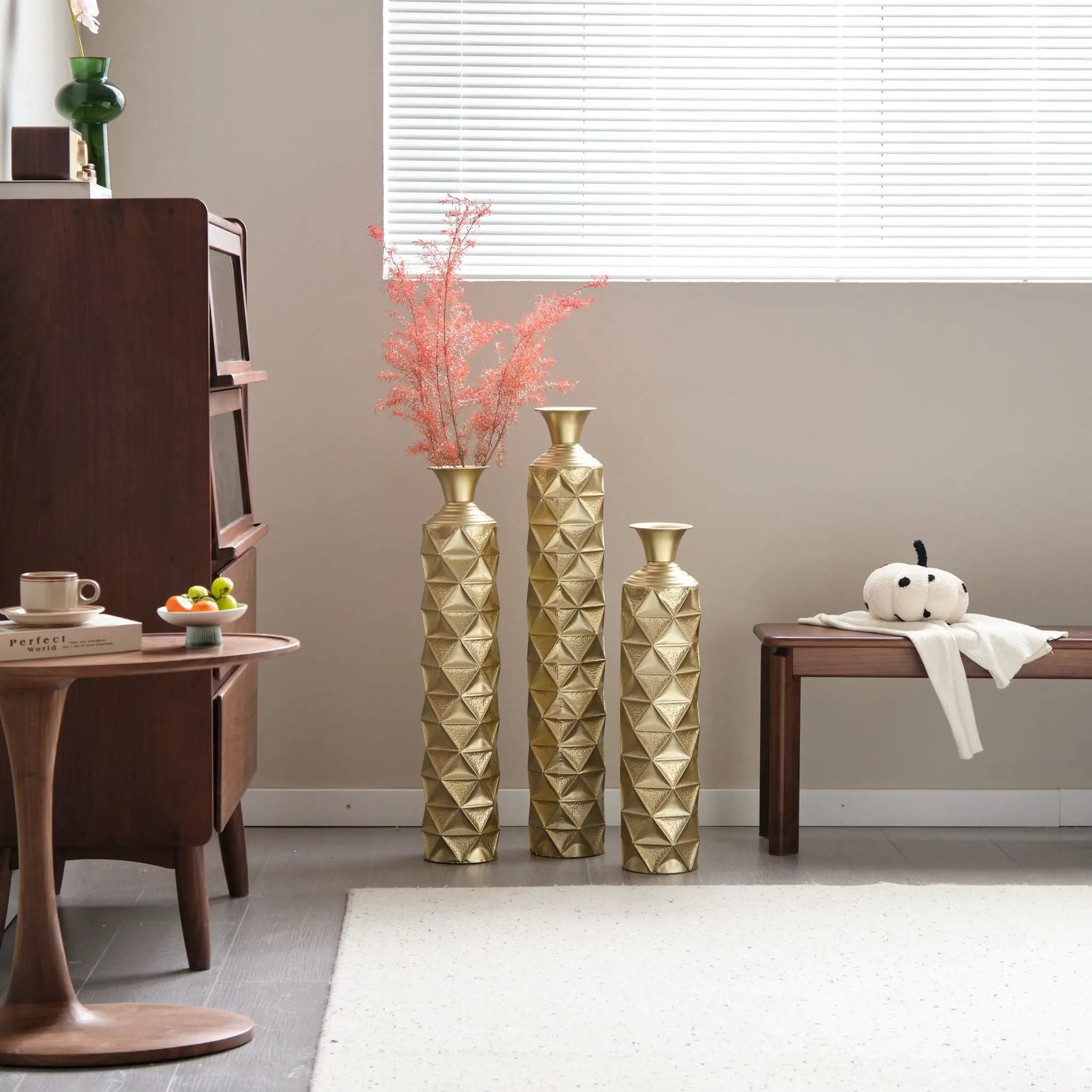 Metal Decorative Vase High Distress Metal Center Vase With 3D Triangle Pattern, (Set of 3) Vases For Home Decoration - Gold by HouseOfZazla