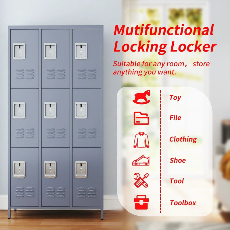 9 Door Lockers With Lock For Storage In Office, School, Gym, And Bedroom - Gray by HouseOfZazla