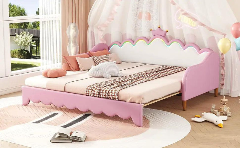 Extending Daybed With LED Lights, Modern Upholstered Princess Daybed With Crown Headboard by HouseOfZazla