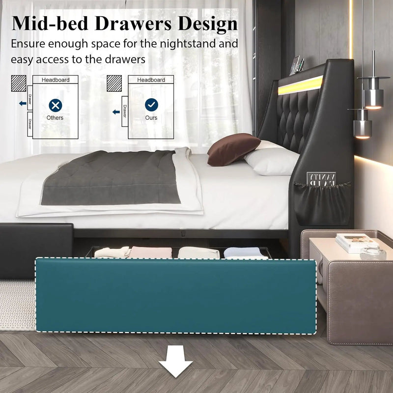 Wingback Upholstered Bed Frame With LED Lights, Charging Station by HouseOfZazla