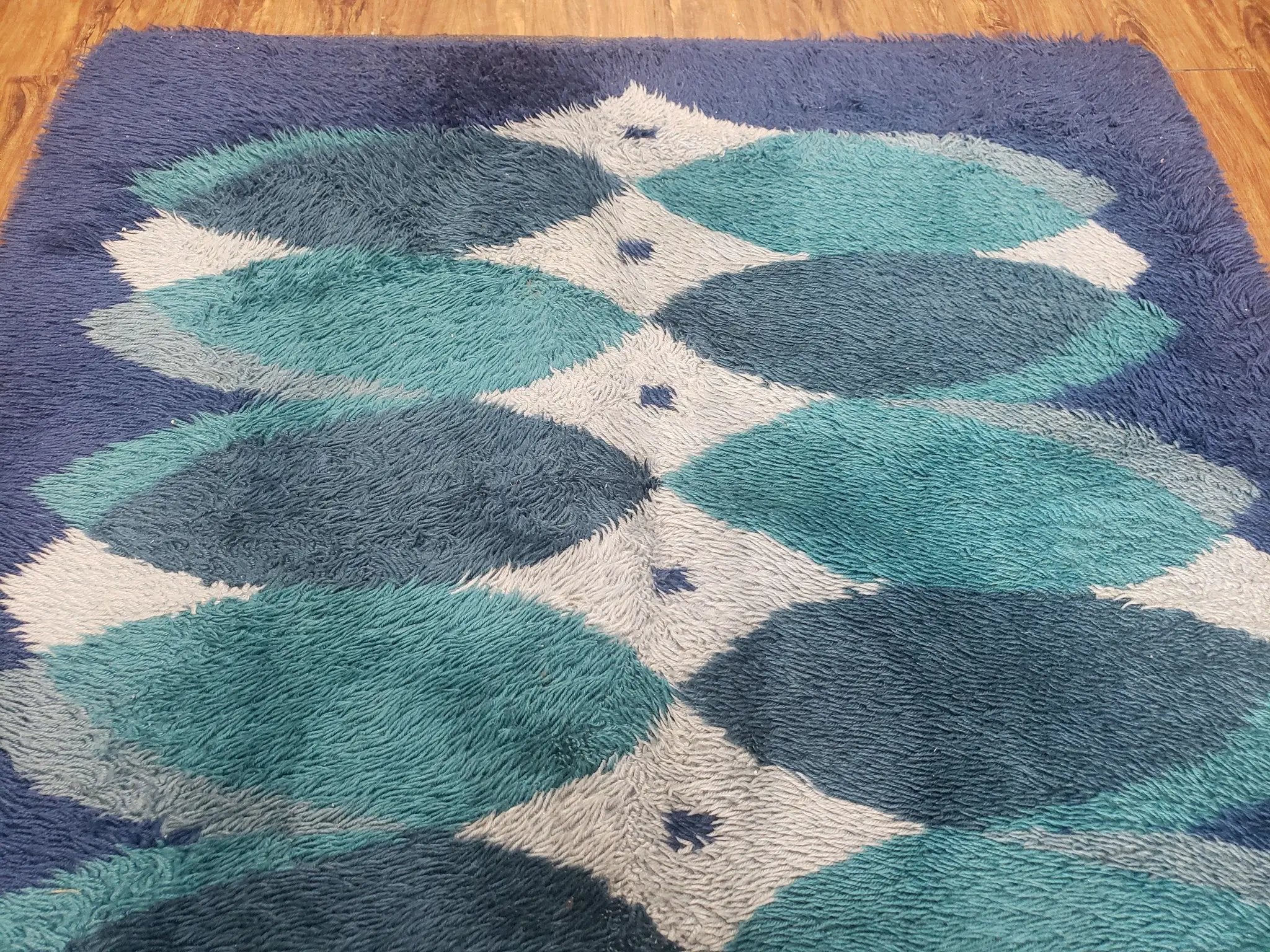 Blue Rya Rug, 1960s Mid-Century Modern Danish Shag Rug 4'6" x 6'7", Ege Rya, Abstract by Jewel Rugs