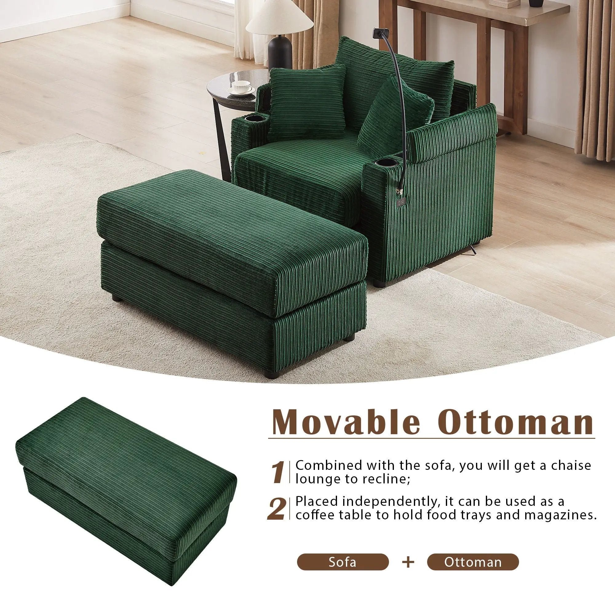 Modern Style Loveseat Sofa Sectional Sofa Couch With Storage Space, A Movable Ottoman, Two USB Ports, Two Cup Holders, A Phone Holder For Living Room by HouseOfZazla