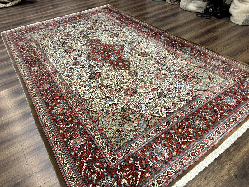 Persian Qum Rug 7x11, Beige and Red, Highly Detailed Floral Pattern, Fine 260 KPSI by Jewel Rugs