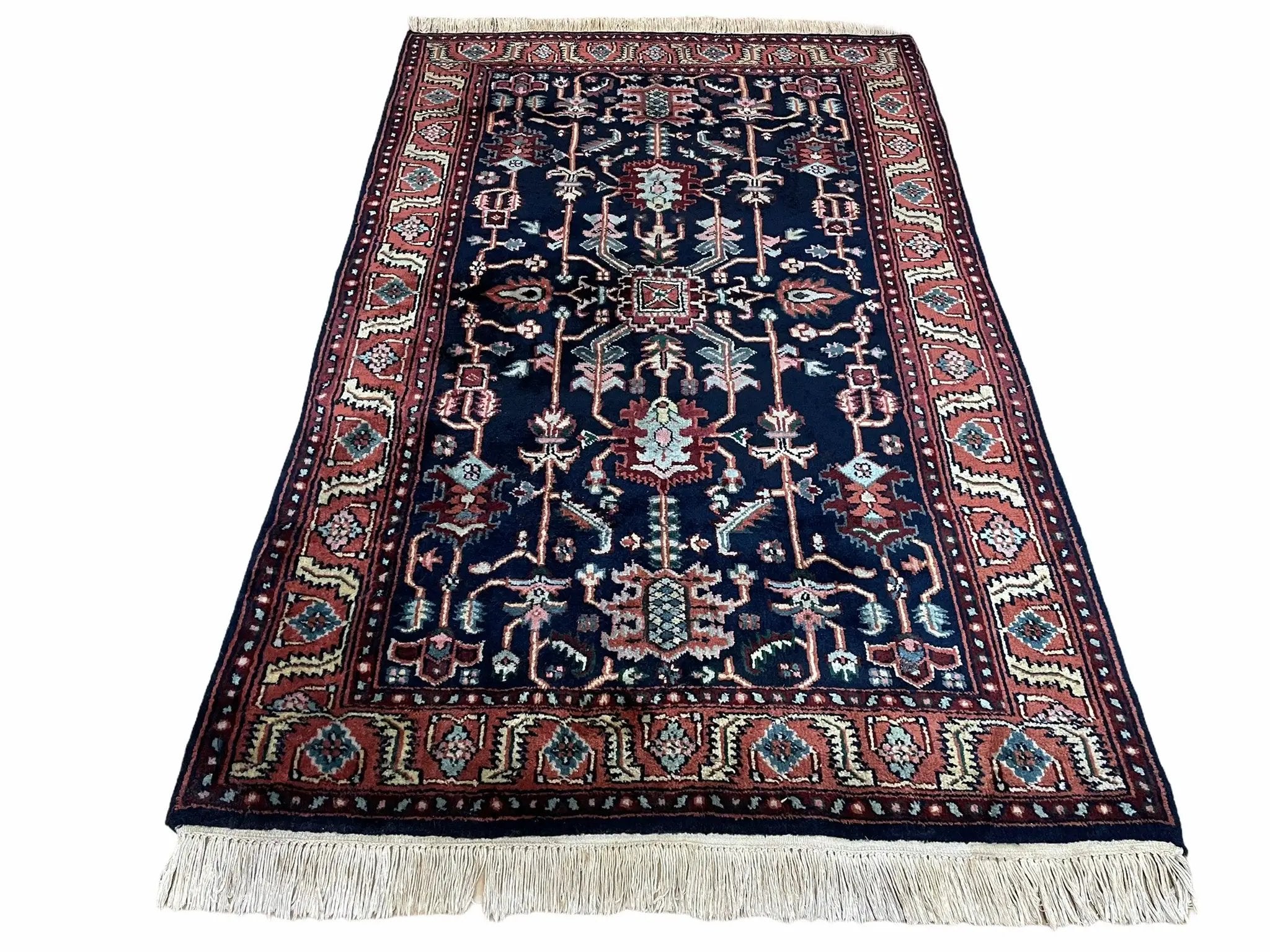 4x6 Vintage Handmade Wool Geometric Rug Organic Dyes Blue Red Hand-Knotted Rug by Jewel Rugs