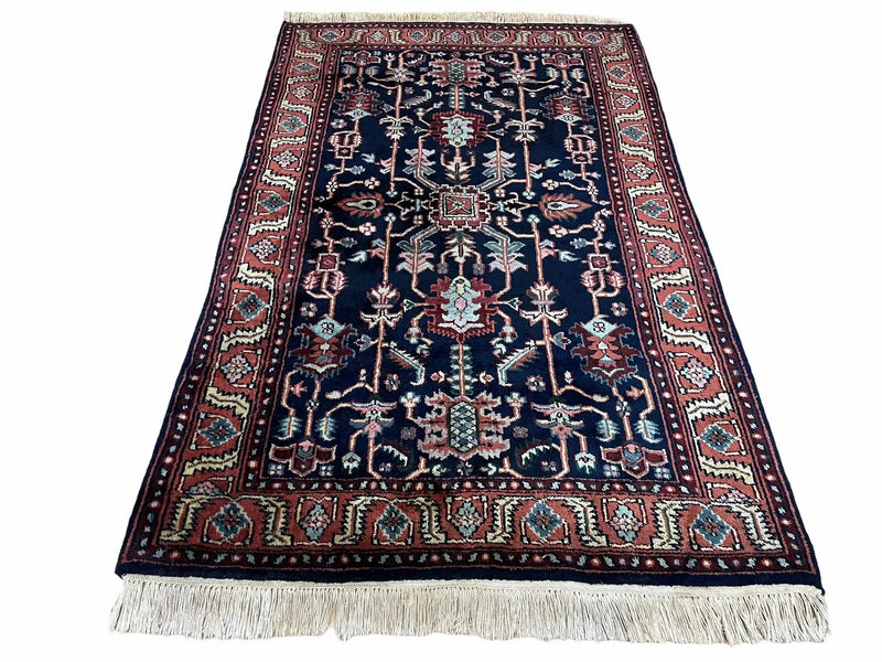 4x6 Vintage Handmade Wool Geometric Rug Organic Dyes Blue Red Hand-Knotted Rug by Jewel Rugs