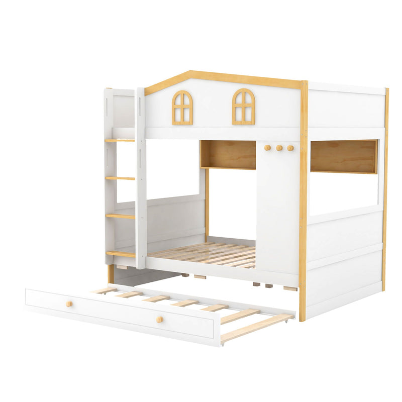 Full Over Full Bunk Bed With Storage Shelves And Trundle - White / Natural by HouseOfZazla