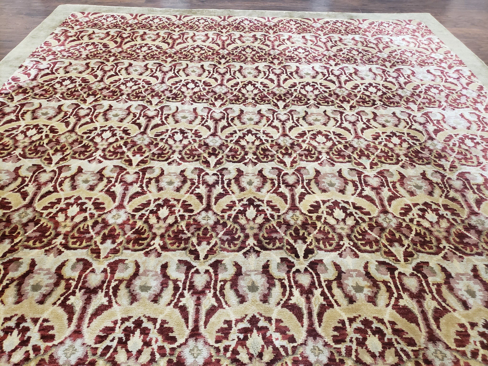 Contemporary Indian Nepalese Room Sized Rug 9 x 11.6, Wool Hand-Knotted Dark Red & Beige Soft Carpet, 9 x 12 Masterloom Living Room Rug by Jewel Rugs