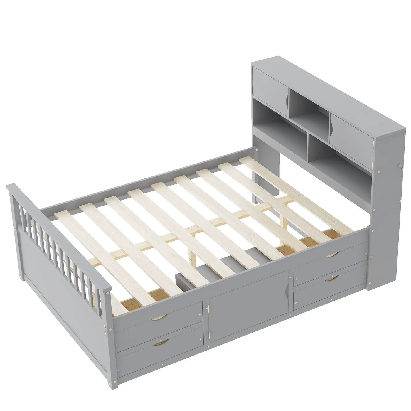 Captain Platform Bed Frame With Bookcase Headboard, 4 Drawers, Storage Shelves by HouseOfZazla