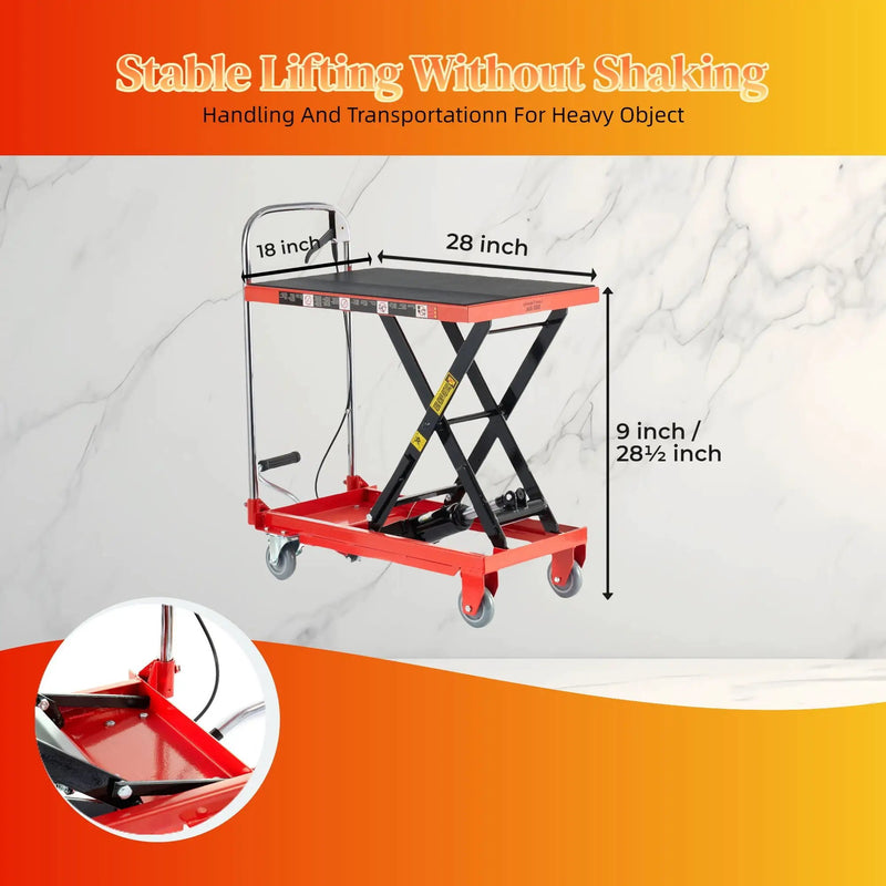 Hydraulic Lift Table Cart 500Lbs Load Red Single Scissor Lift With Non Slip Pads And Wheels - Red / Black by HouseOfZazla