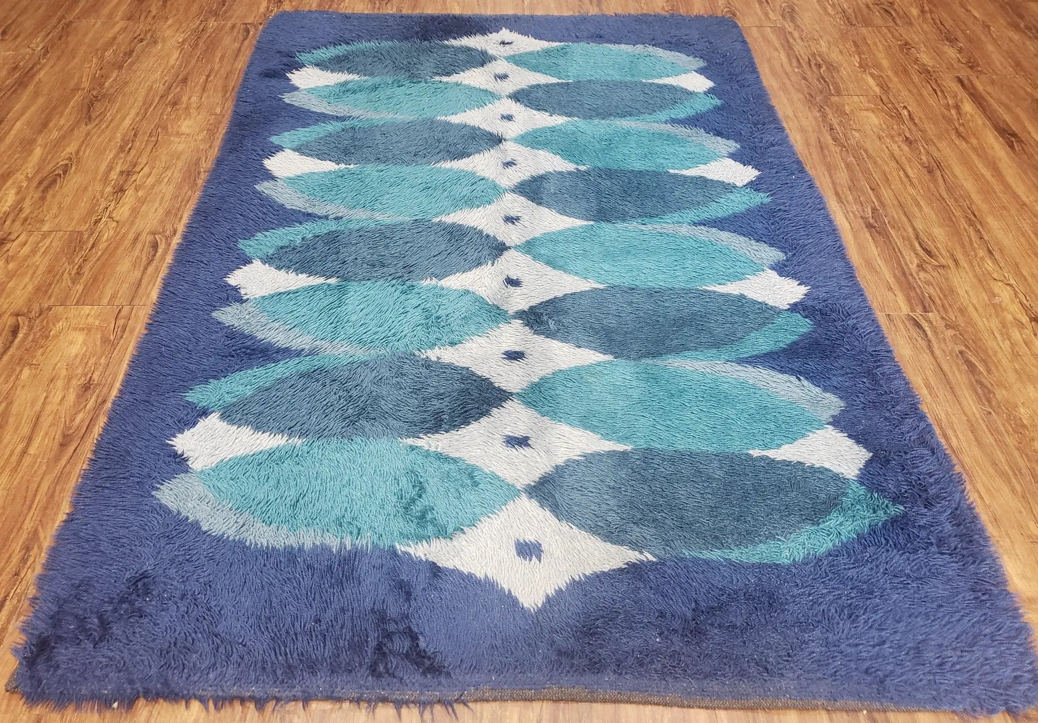 Blue Rya Rug, 1960s Mid-Century Modern Danish Shag Rug 4'6" x 6'7", Ege Rya, Abstract by Jewel Rugs