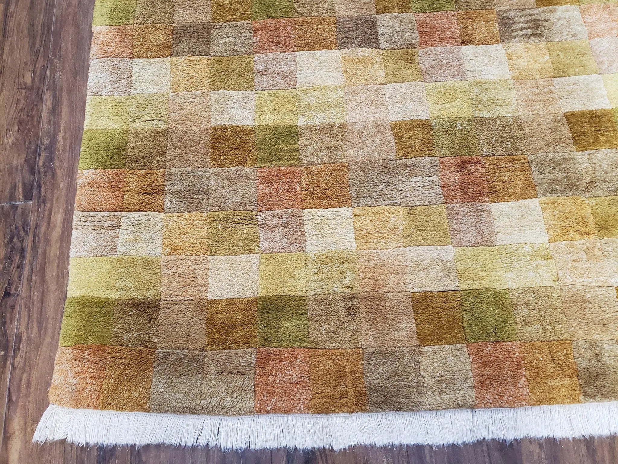 4x6 Tibetan Rug, Modern Abstract Handmade Area Rug, Checkerboard Pattern, Neutral Ivory Gold Tan Colors, Soft Pile, Mid Sized Rug, Nepali by Jewel Rugs