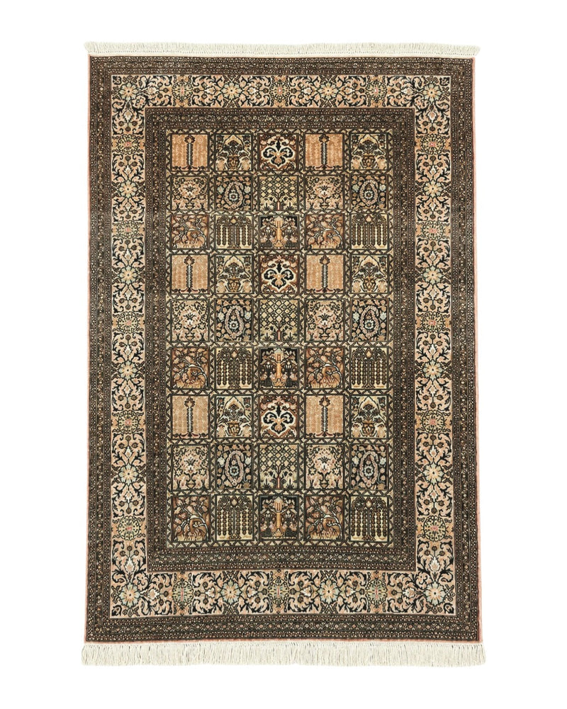 Indian Kashmiri Silk Rug 4x6, Panel Design, Multicolor, Fine by Jewel Rugs