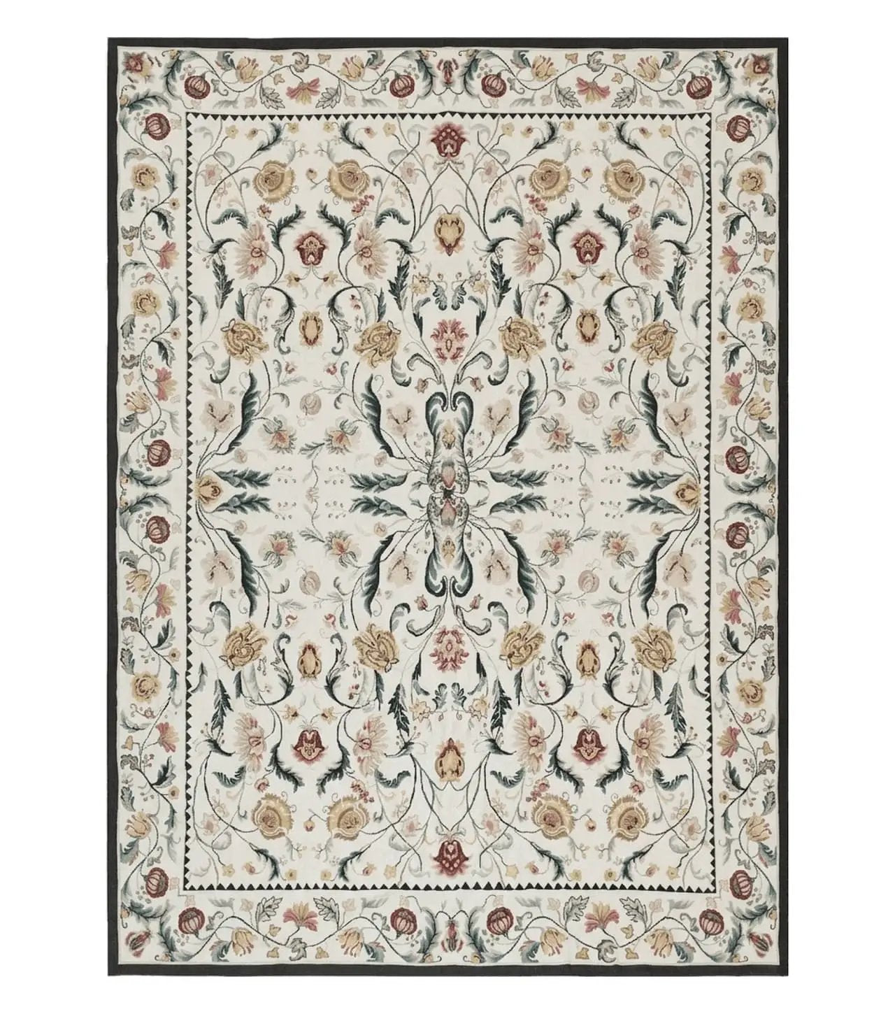 New Needlepoint Rug 9x12, Hand Woven Wool Area Rug, Flatweave Carpet, Handmade Chinese Needlepoint, Floral European Design, Ivory Background by Jewel Rugs