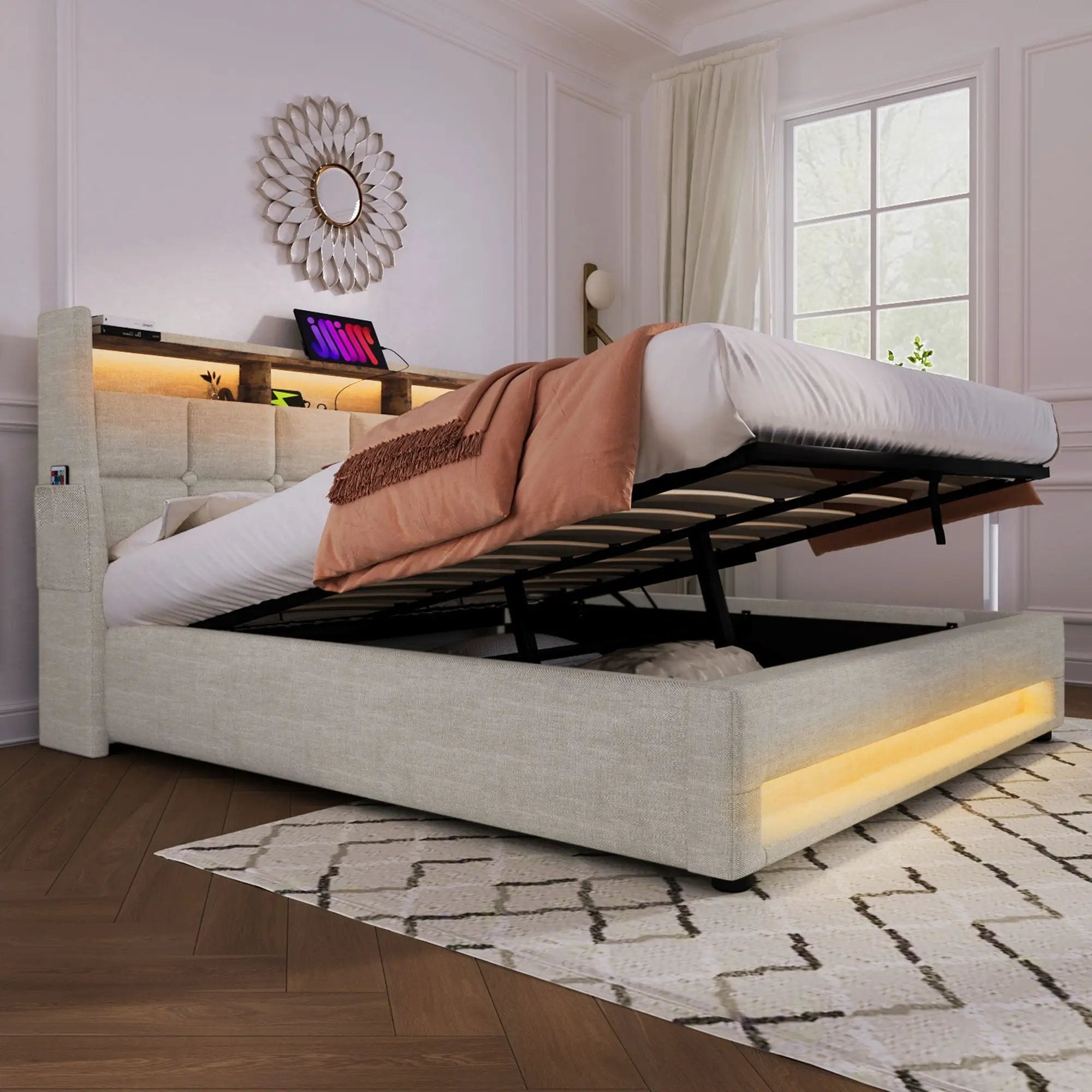 Upholstered Platform Bed With A Hydraulic Storage System, LED And USB Charging (Without Mattress) by HouseOfZazla