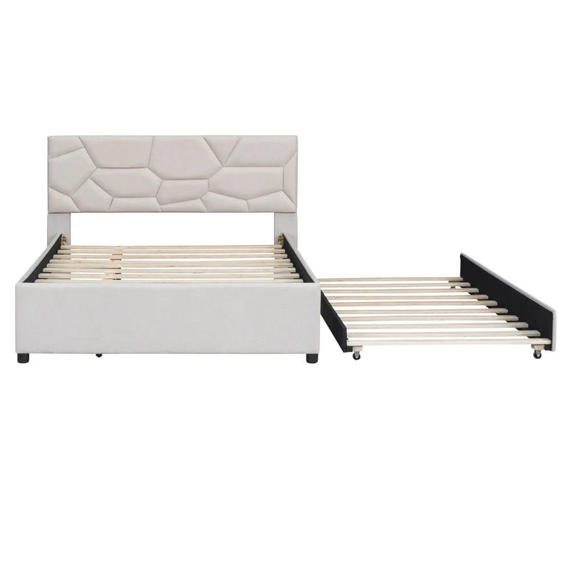 Upholstered Platform Bed With Brick Pattern Headboard And Twin Long Size Trundle by HouseOfZazla