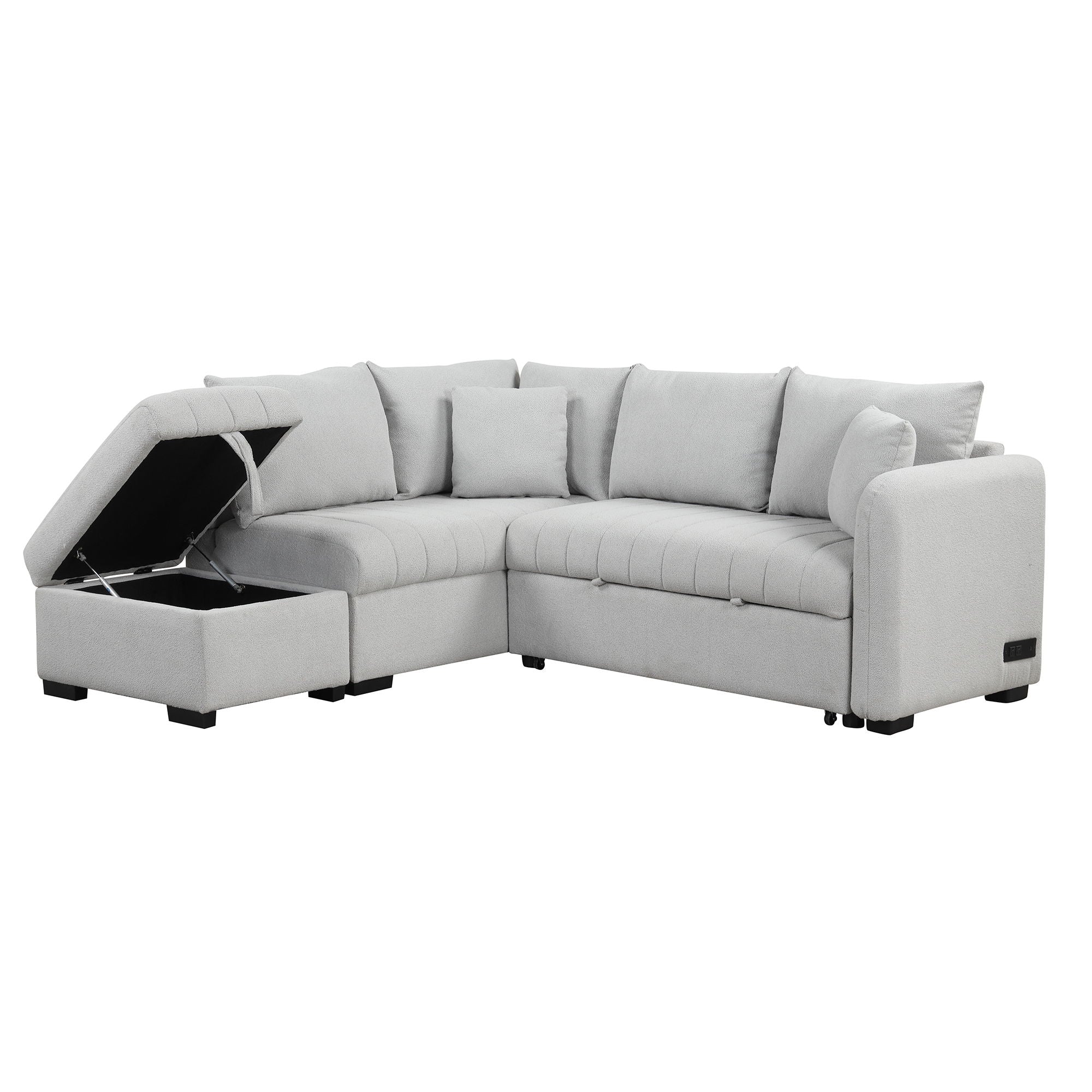 L-Shaped Sectional Pull Out Sofa Bed Sleeper Sofa With Two USB Ports, Two Power Sockets And A Movable Storage Ottoman by HouseOfZazla