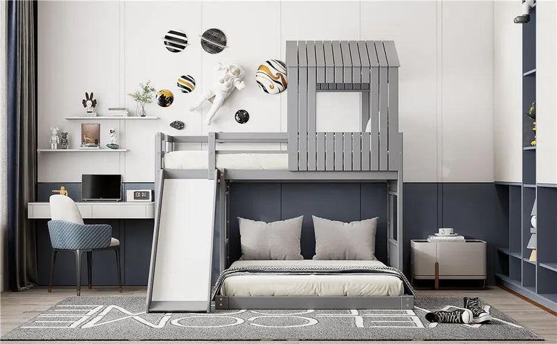 Loft Bunk Bed With Playhouse, Farmhouse, Ladder, Slide And Guardrails by HouseOfZazla
