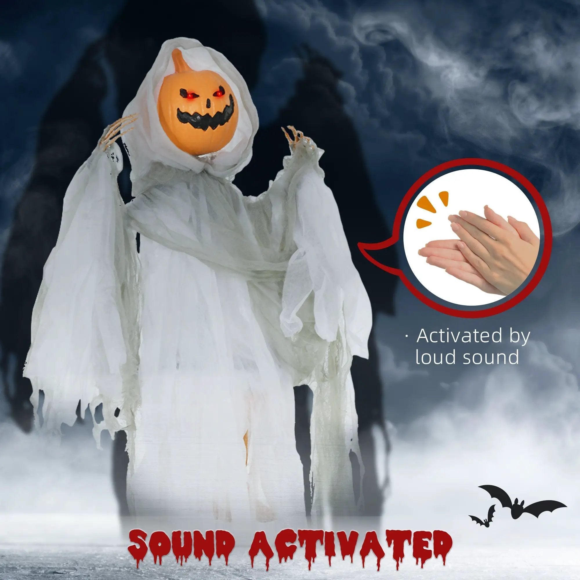 Outdoor Halloween Hanging Pumpkin Ghost with Light-Up Eyes and Sound by HouseOfZazla